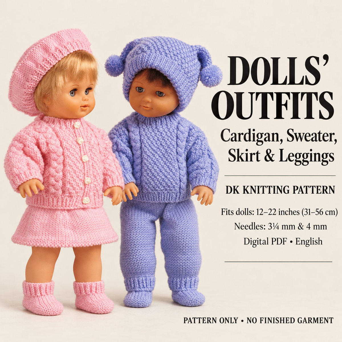 oll heights: 12–14, 15–18 and 19–22 inches dolls’ outfits with cable and textured stitch details • Garments shown: Cardigan, skirt, sweater, leggings, hats and footwear • Sleeves: Long sleeves with ribbed cuffs knitting pattern