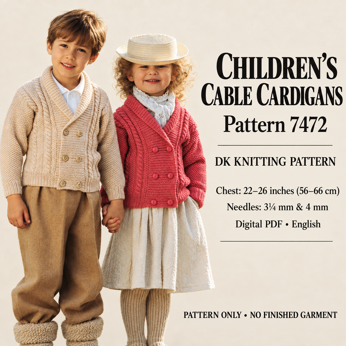 Children’s cable cardigans with moss stitch sleeves • Neckline: Shawl collar • Fastening: Double-breasted front with six buttons knitting pattern