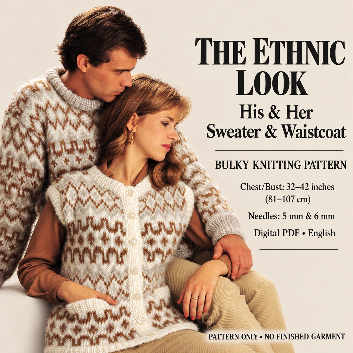 Man-Woman's Fair Isle Sweater & Waistcoat Jumper Knitting Pattern, Norwegian style, Download PDF Knitting pattern 32-42" Chunky Bulky 12 ply