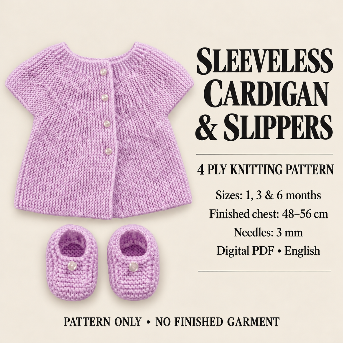 Baby sleeveless cardigan and Slippers in 4 ply fits 1-6 months, knitting pattern pdf