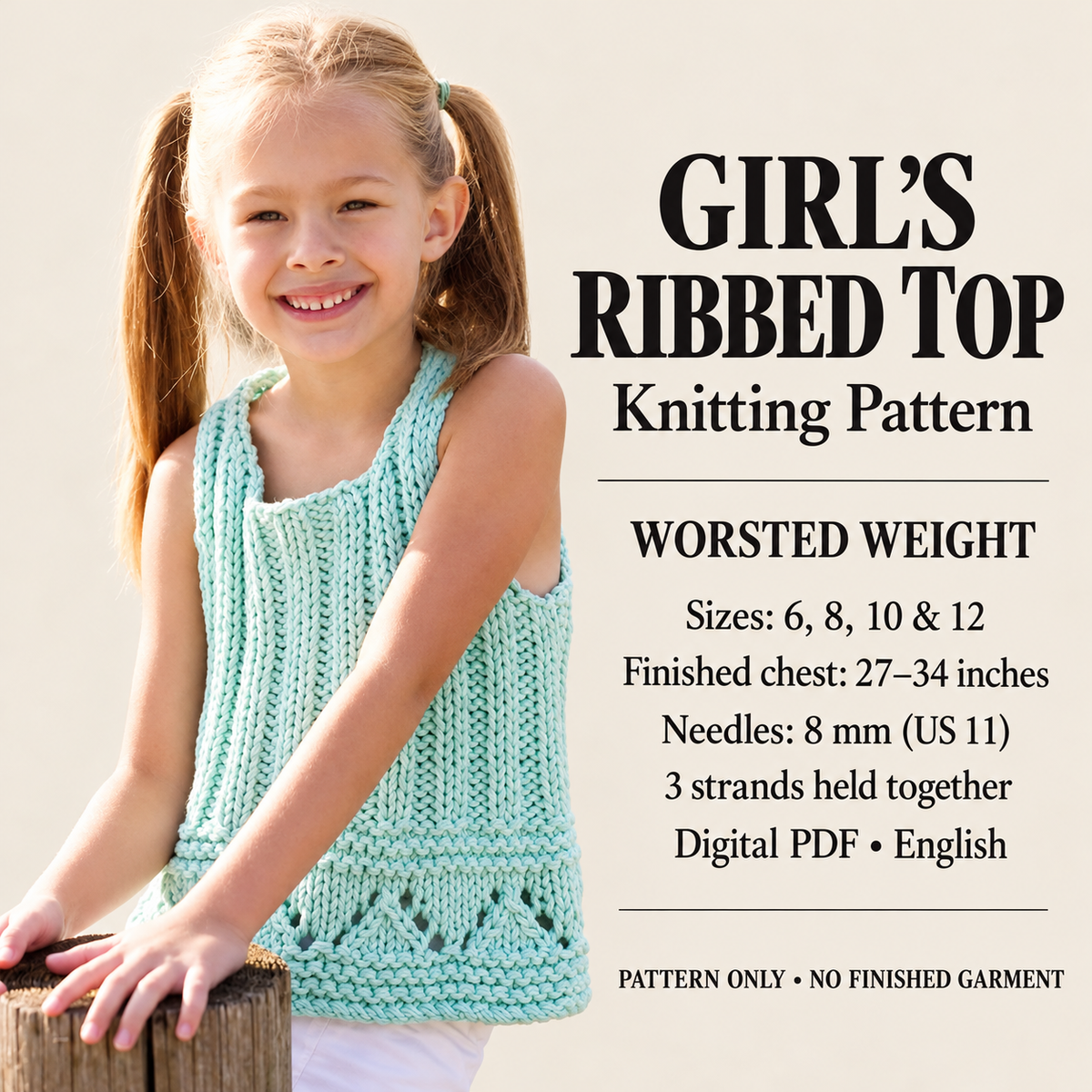 Sleeveless ribbed top with a decorative lace border Knitting pattern