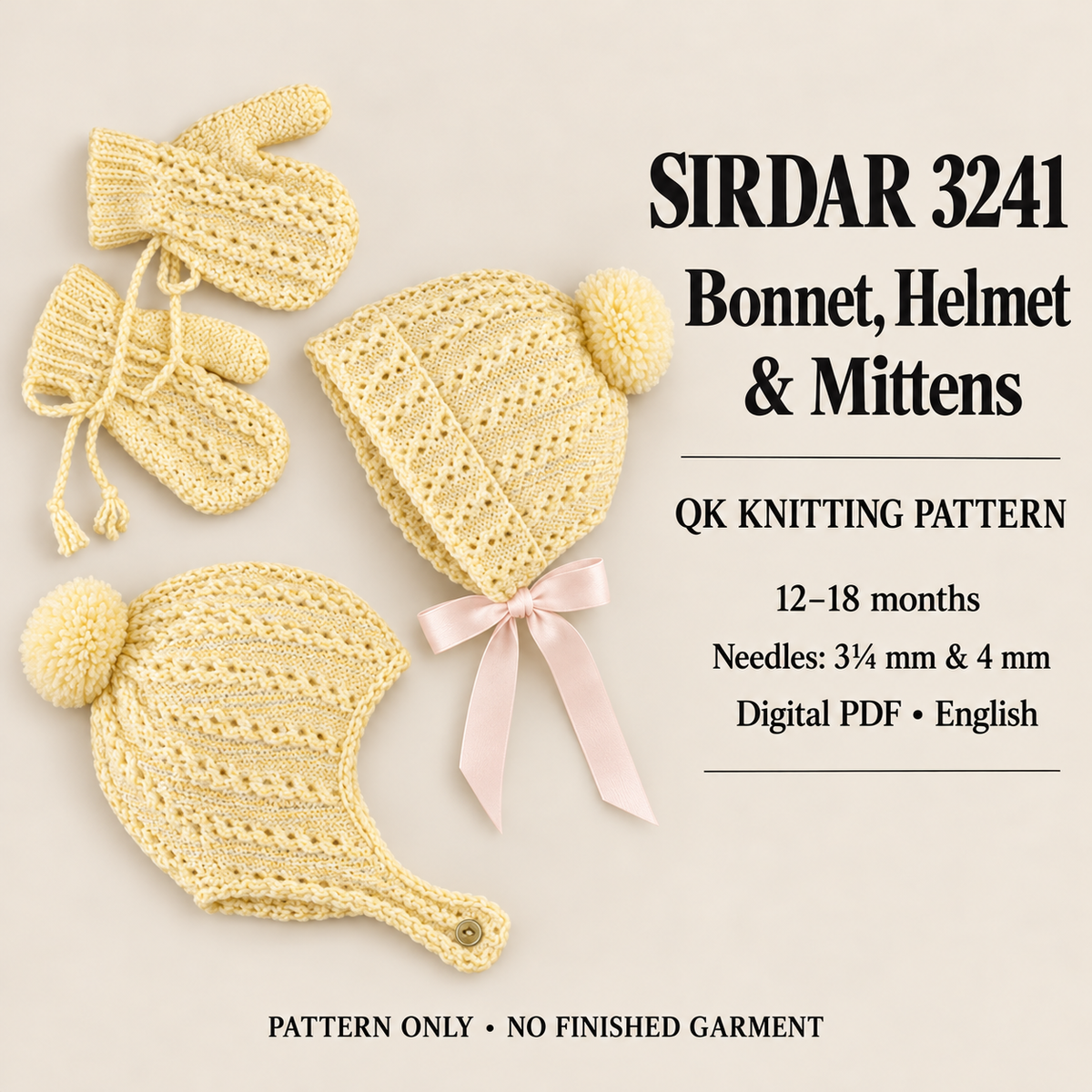 Baby bonnet, helmet and matching mittens with textured lace pattern Baby quick knit knitting pattern