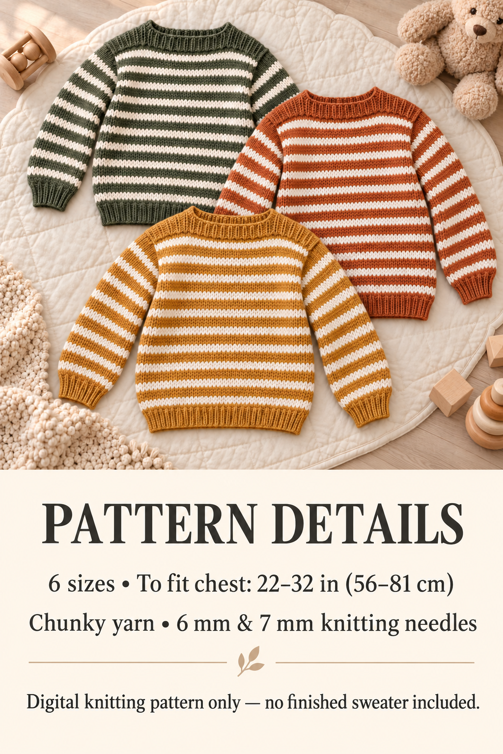 Children’s Striped Chunky Sweater Knitting Pattern PDF – Chest 22–32 inches