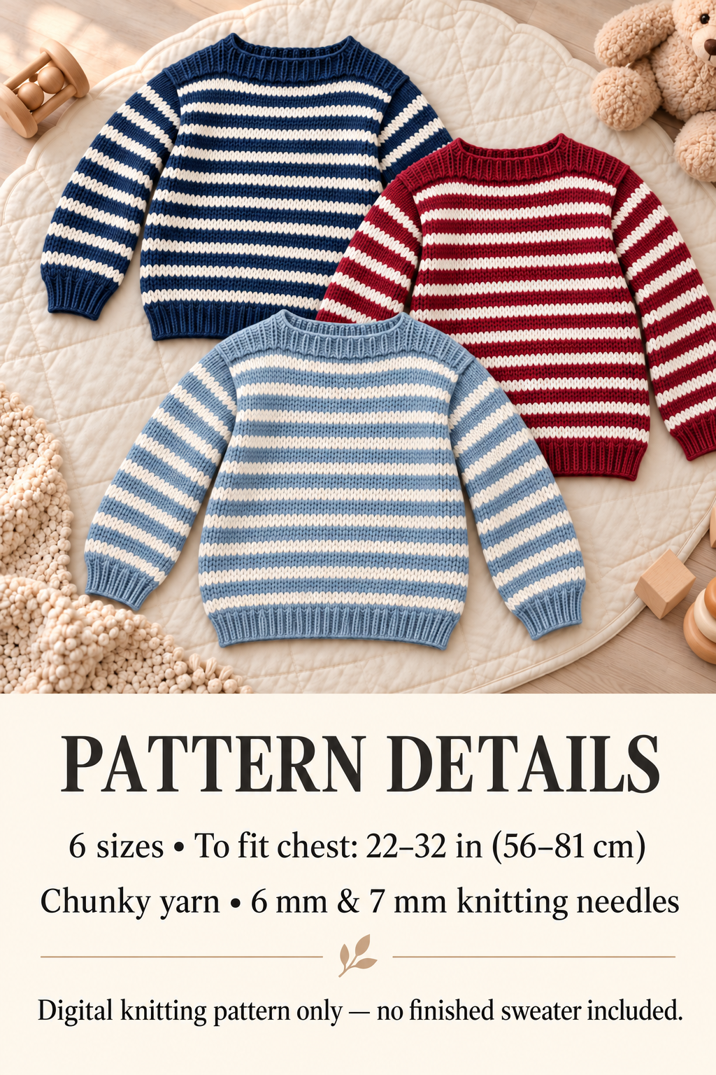 Children’s Striped Chunky Sweater Knitting Pattern PDF – Chest 22–32 inches