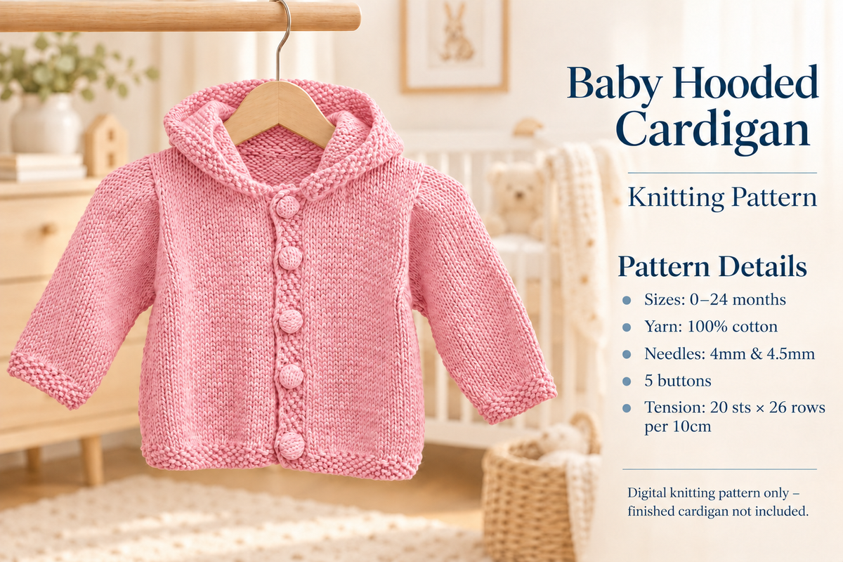 Baby Hooded Cardigan Knitting Pattern | Ages 0–24 Months