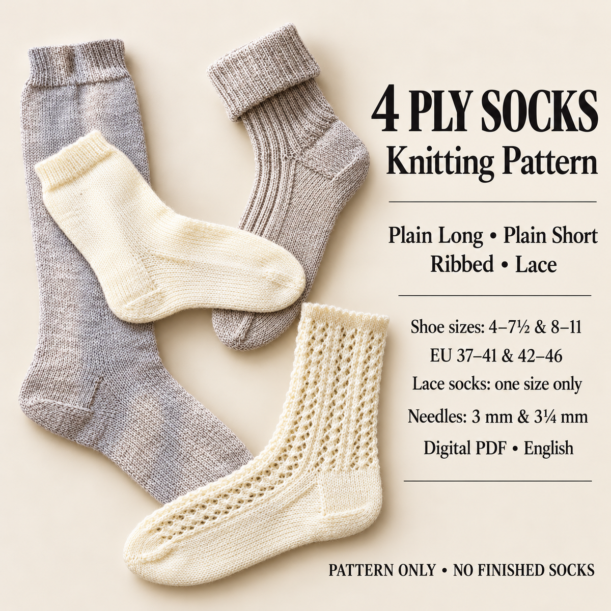 Socks in 4 ply- Knitting Pattern download PDF 4 styles to knit
