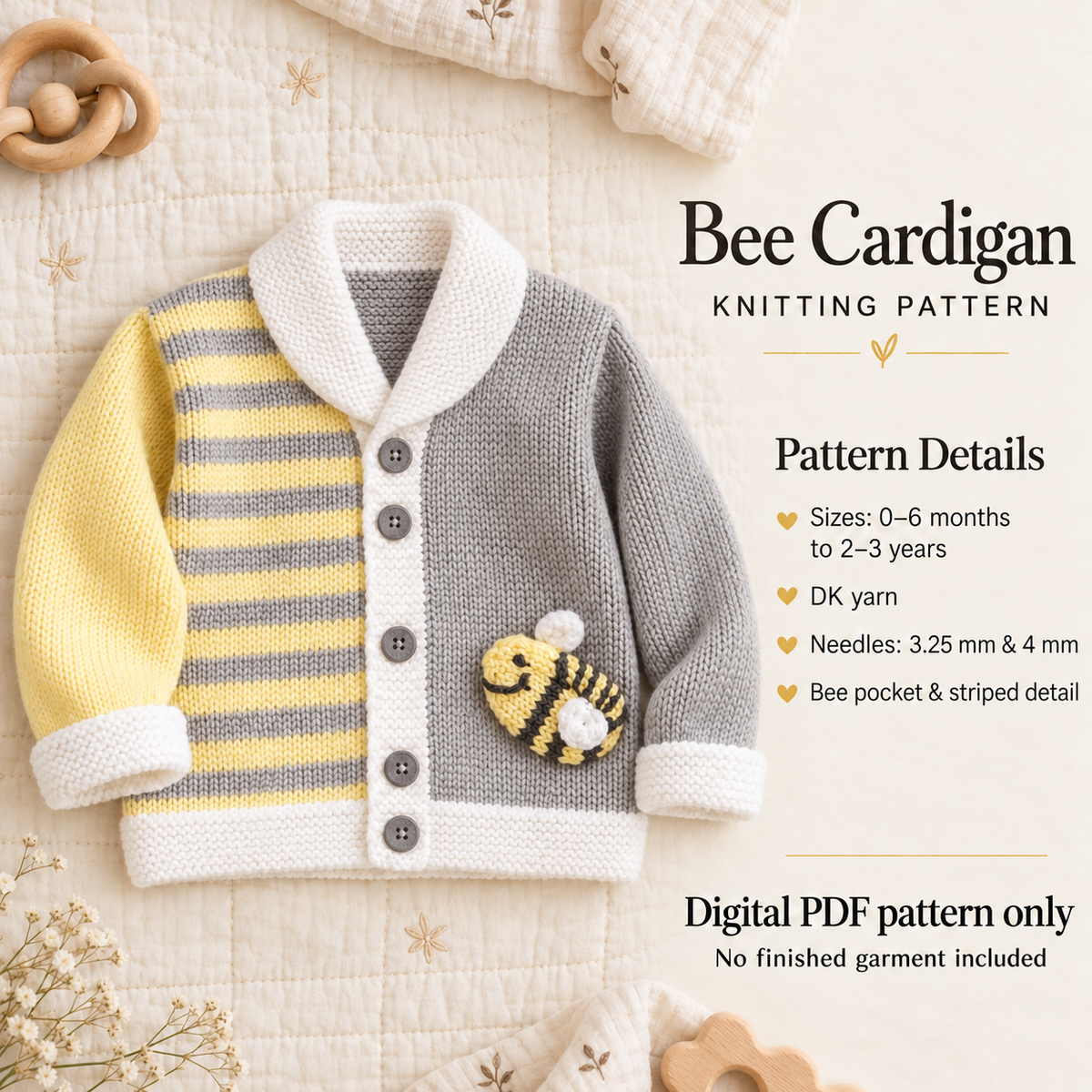 Baby & Toddler Bee Cardigan Knitting Pattern – DK – 0–3 Years – PDF