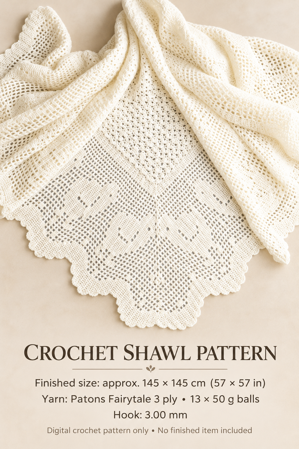 crochet shawl pattern, suitable for a baby or christening shawl. 3 ply Crochet Pattern