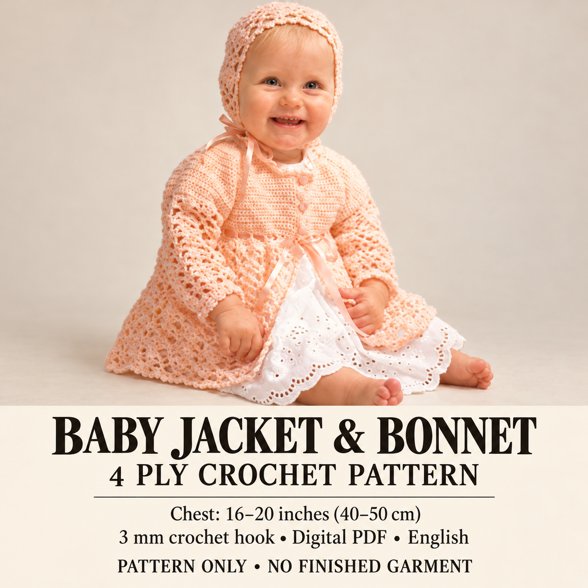Baby crochet jacket and matching bonnet Chest sizes: 16, 18 and 20 inches (40, 45 and 50 cm)