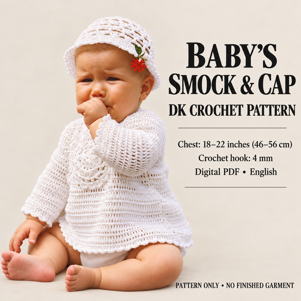 Crochet Pattern- Baby smock dress with beanie hat in DK 8 ply 18-22 CHEST