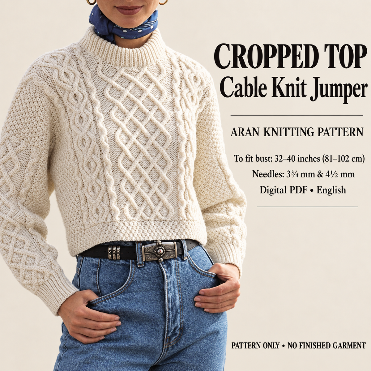 Woman's Aran Cable-Short Cropped-Sweater Aran 10 Ply Worsted wool - fits 32-40" chest Knitting Pattern.