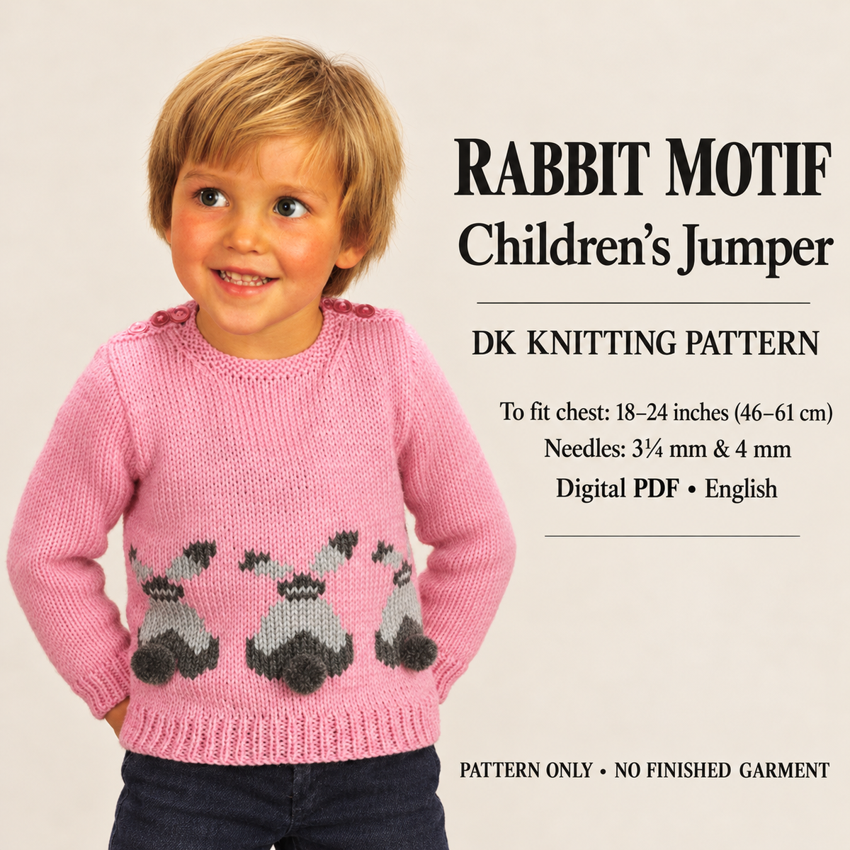 Childs Bunny Rabbit Sweater- with pom pom tail- DK- 8ply Light worsted wool-chest 18" - 24"- Knitting pattern Download- No Charts- PDF