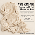 Child Round & V neck raglan sweaters Hat- Scarf Mitts-Knitting Pattern -Aran (Worsted weight) 10ply Download-16-30"chest- Winter Knit