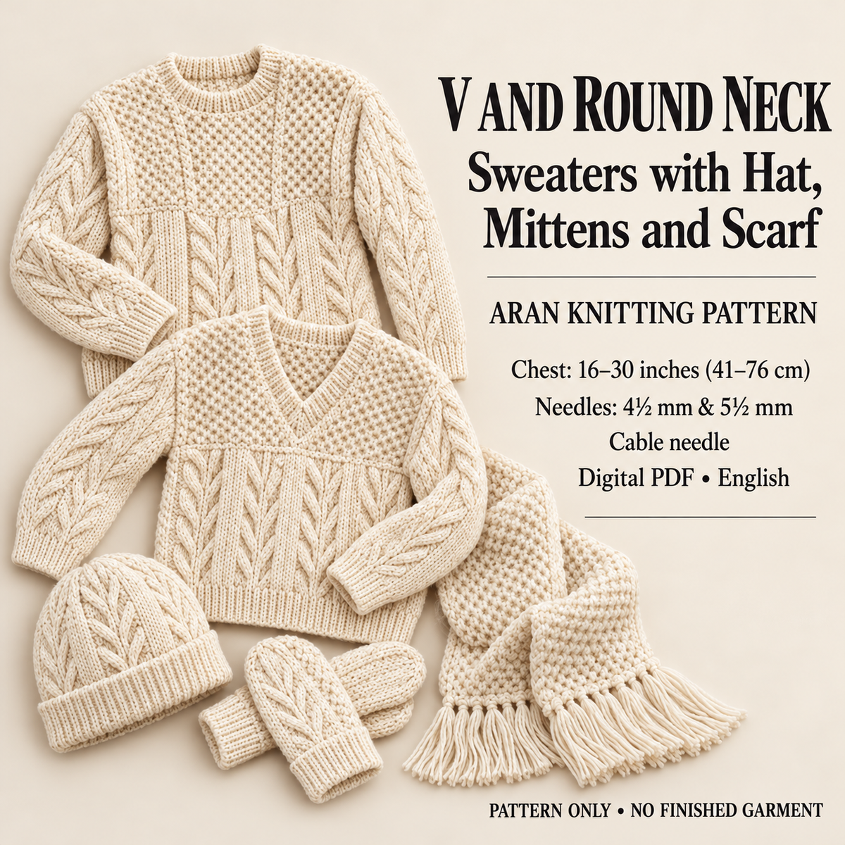 Child Round & V neck raglan sweaters Hat- Scarf Mitts-Knitting Pattern -Aran (Worsted weight) 10ply Download-16-30"chest- Winter Knit