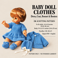 For dolls 14 and 18 inches (36 and 46 cm) Includes: Dress, coat, bonnet and bootees knitting pattern