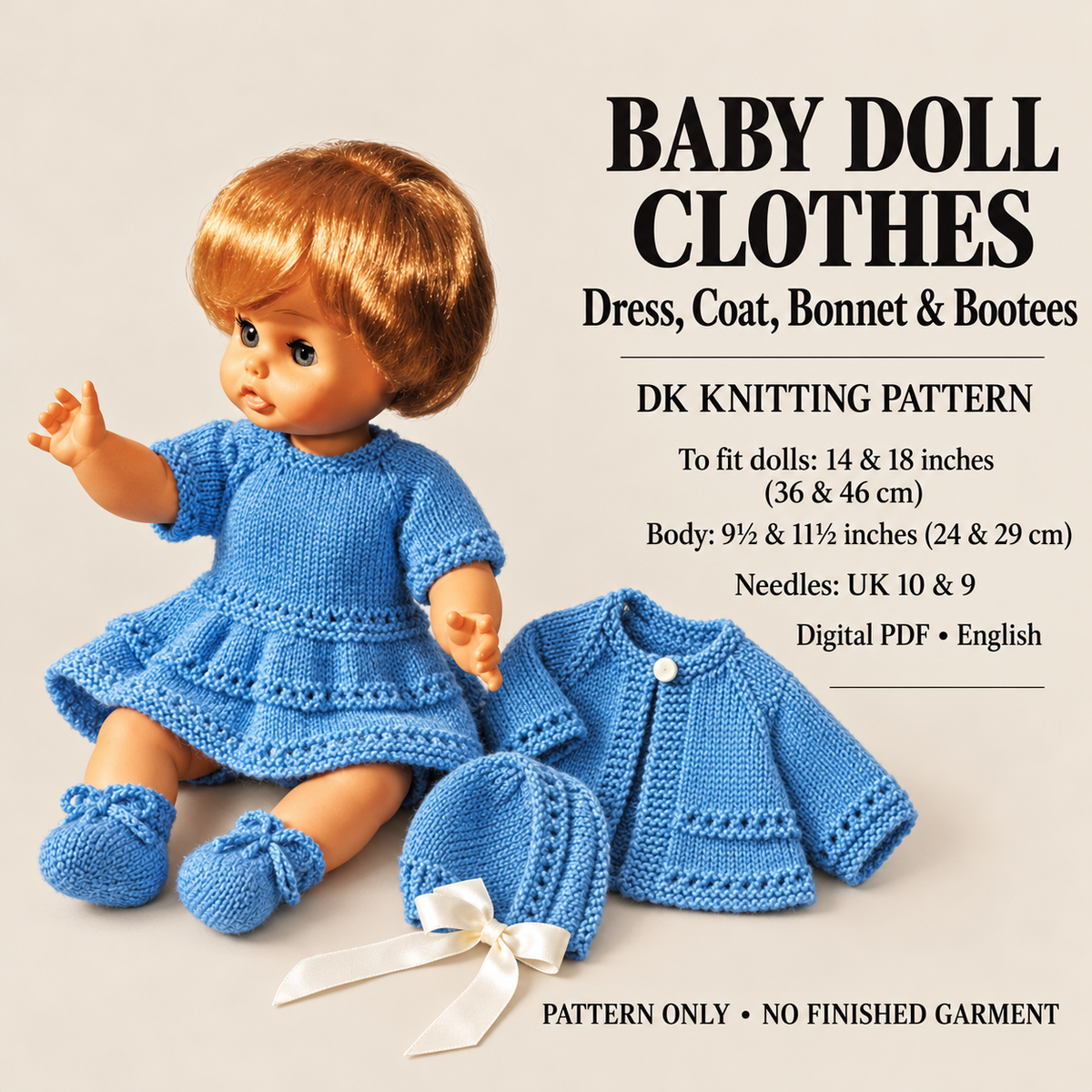 For dolls 14 and 18 inches (36 and 46 cm) Includes: Dress, coat, bonnet and bootees knitting pattern