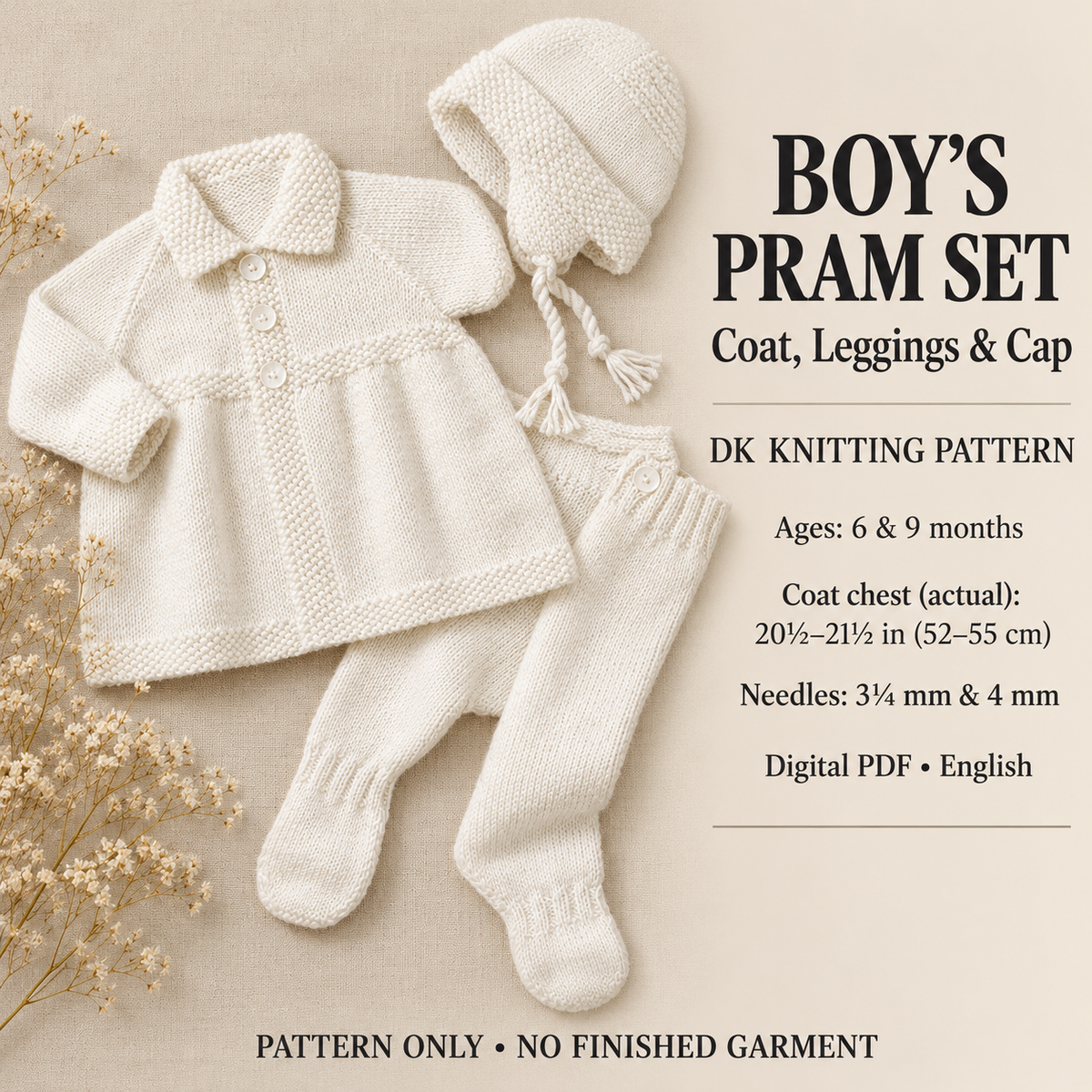 Baby Boy- Pram set-Jacket, leggings, hat, - DK 8ply Yarn 6-9 months knitting pattern