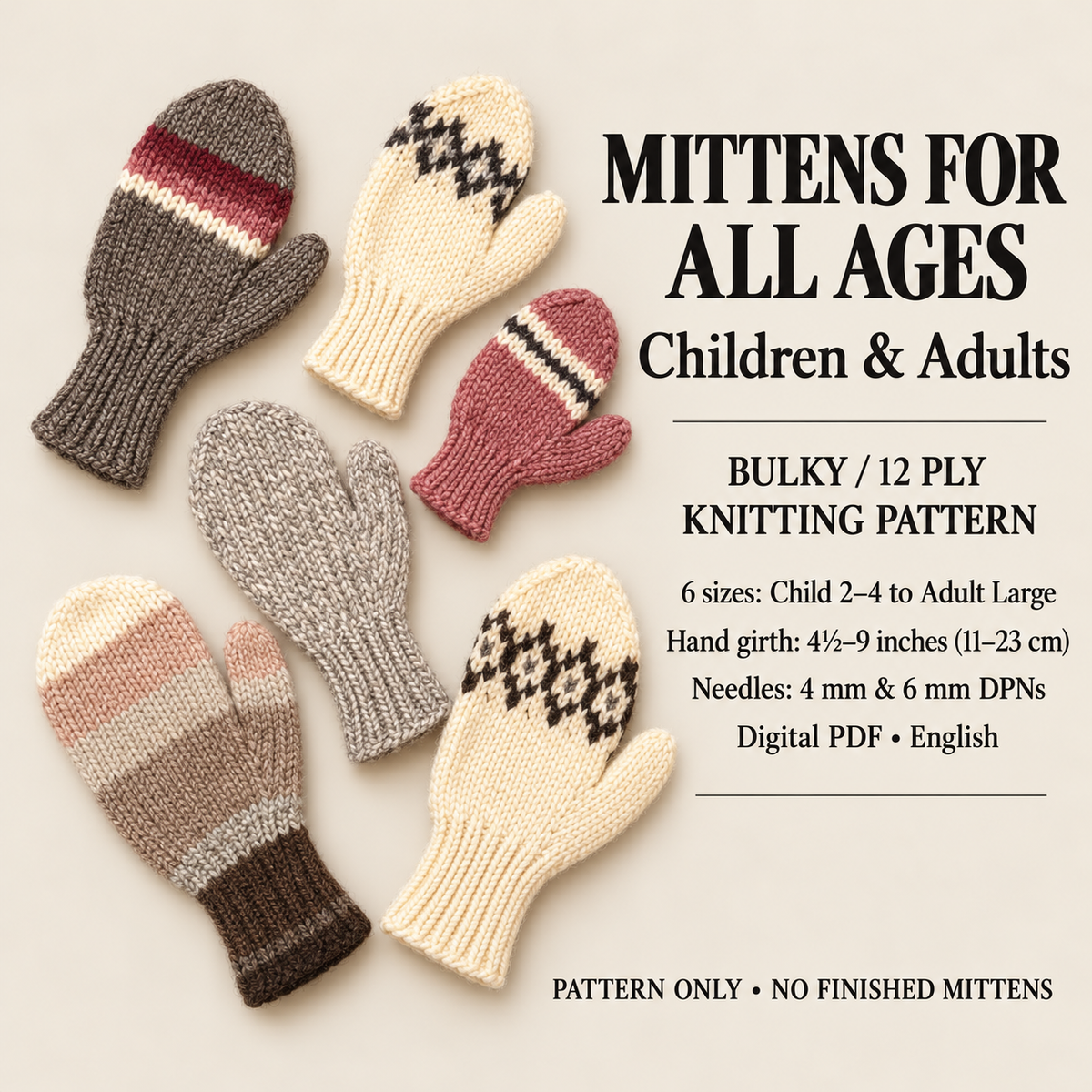 Family Adult Childrens  Mitts~ Vintage pattern ~  Chunky Bulky 12 ply on DPNs Knitting Pattern PDF download- SEE DESCRIPTION before purchase