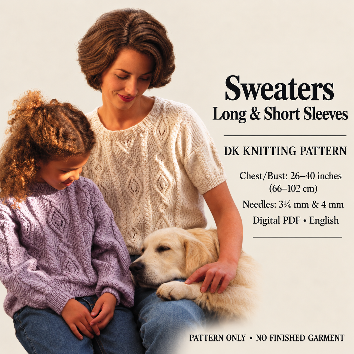 Woman's Child's Cable sweater- Long short sleeves-Chest 26" up to 40" DK 8 Ply Light worsted yarn  Knitting pattern Download PDF