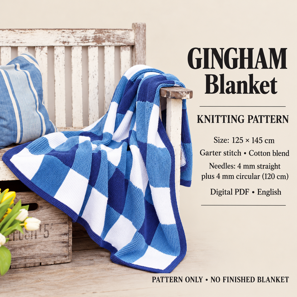 Garter Stitch Gingham Blanket Afghan - Easy Beginner Knitting Pattern ~Aran 10 Ply Worsted Yarn Measures 125cm x 145 cm PDF  Downloadable