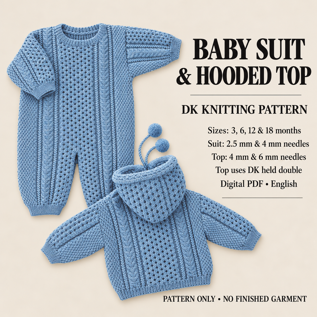 Child's  Hooded cable Jacket or coat & All in one suit~DK (8 ply) yarn Fits 3- 18 months  Knitting pattern -Download PDF