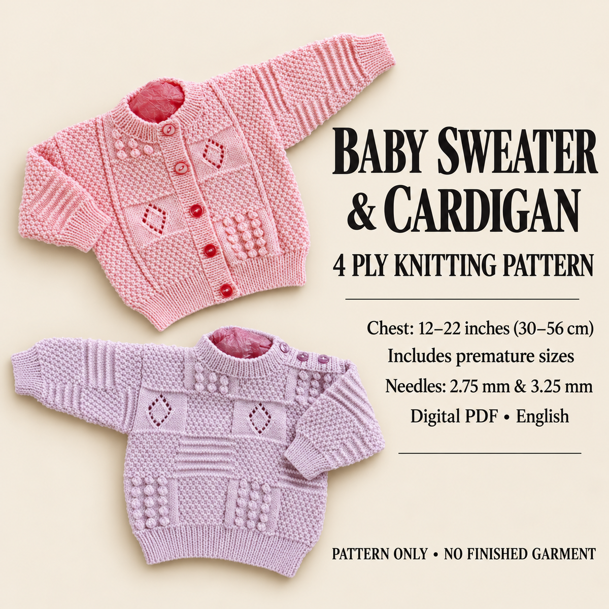 Baby Textured Cardigan & Sweater-Round neck - 4 ply) 12 - 22"  Premie size included Download Knitting pattern
