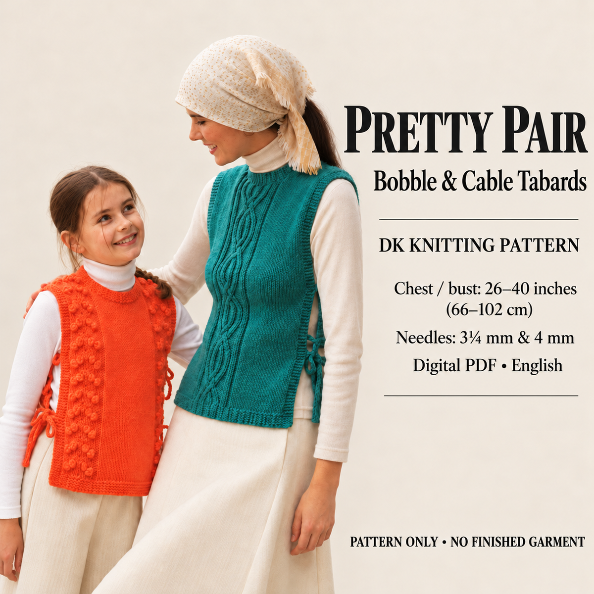 Woman- Girls Tabards Cable Bobble pattern- split Tie Sides 26"-40" DK 8Ply light Worsted Yarn- Knitting Pattern PDF Download