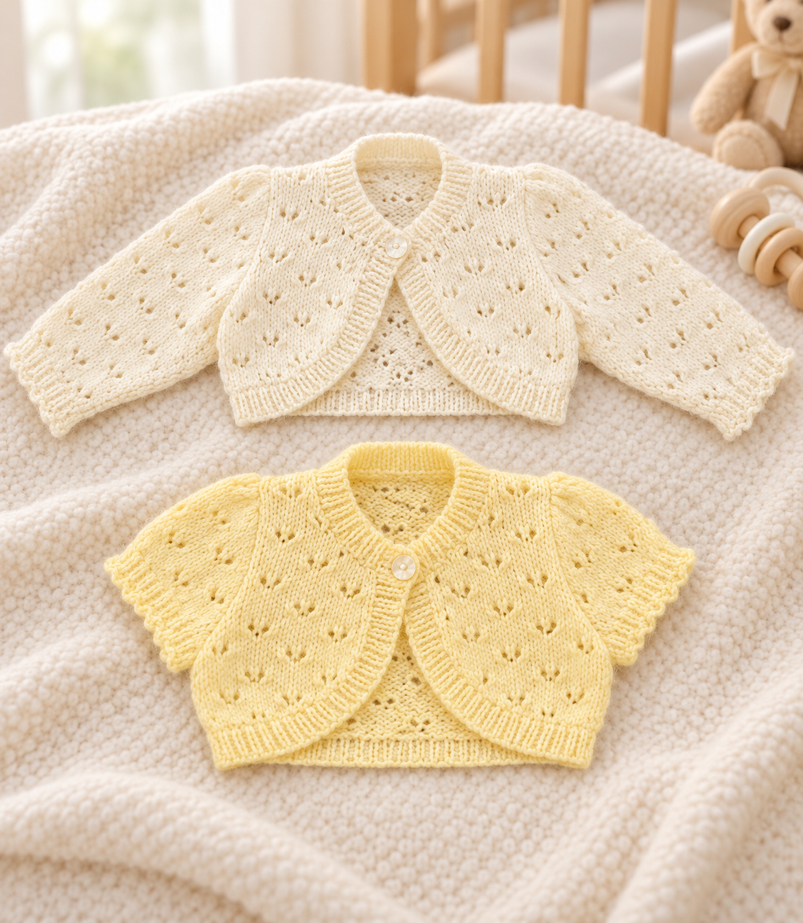 Baby Girls Bolero Knitting Pattern DK Short & Long Sleeves 0–6 Years PDF