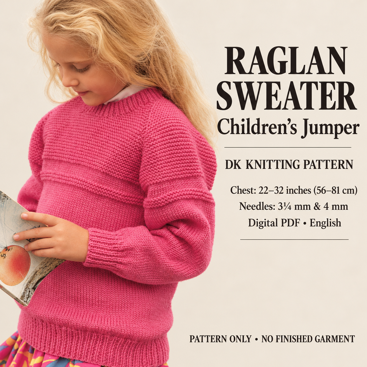 Children’s raglan sweater with stocking-stitch body and textured garter-stitch yoke