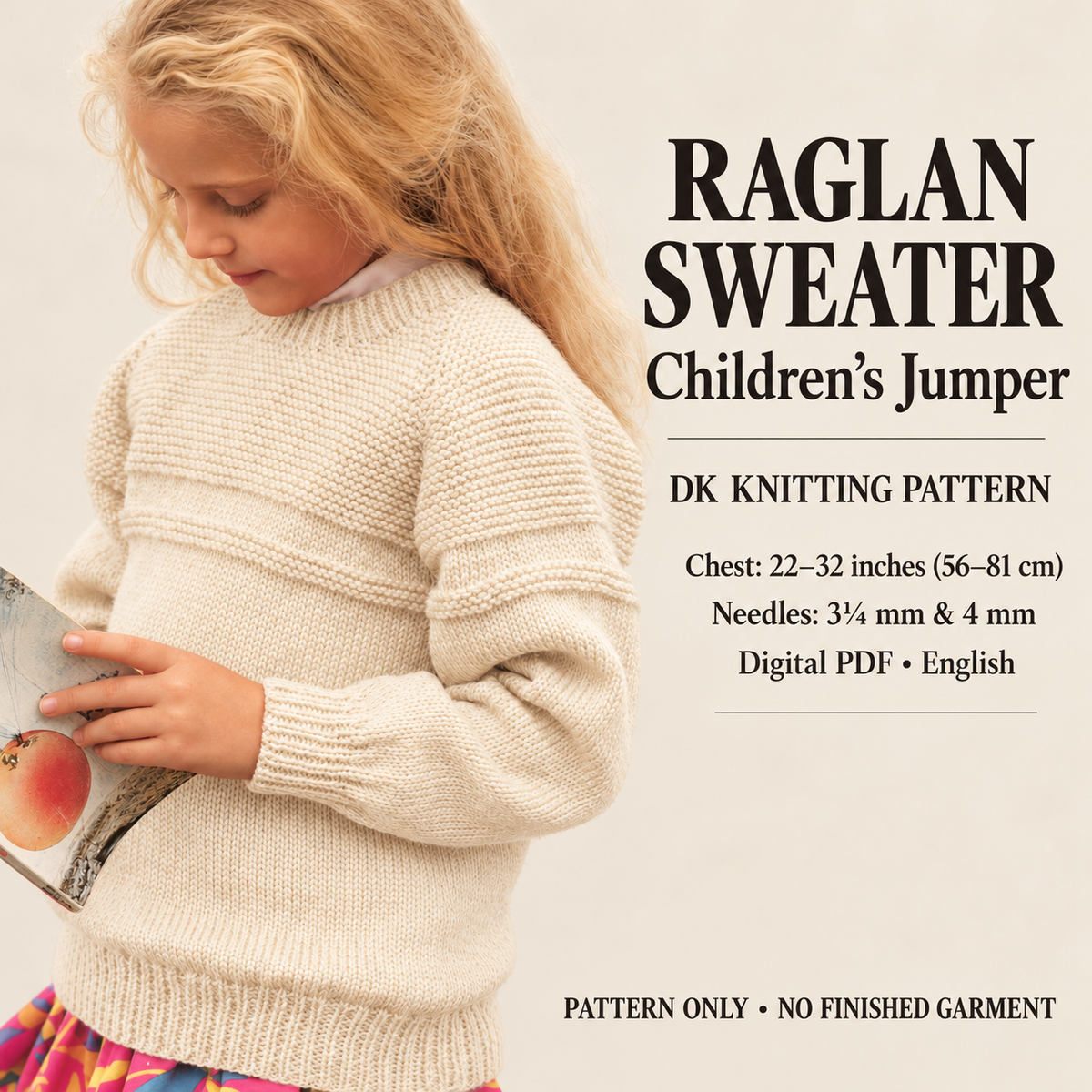 Children’s raglan sweater with stocking-stitch body and textured garter-stitch yoke