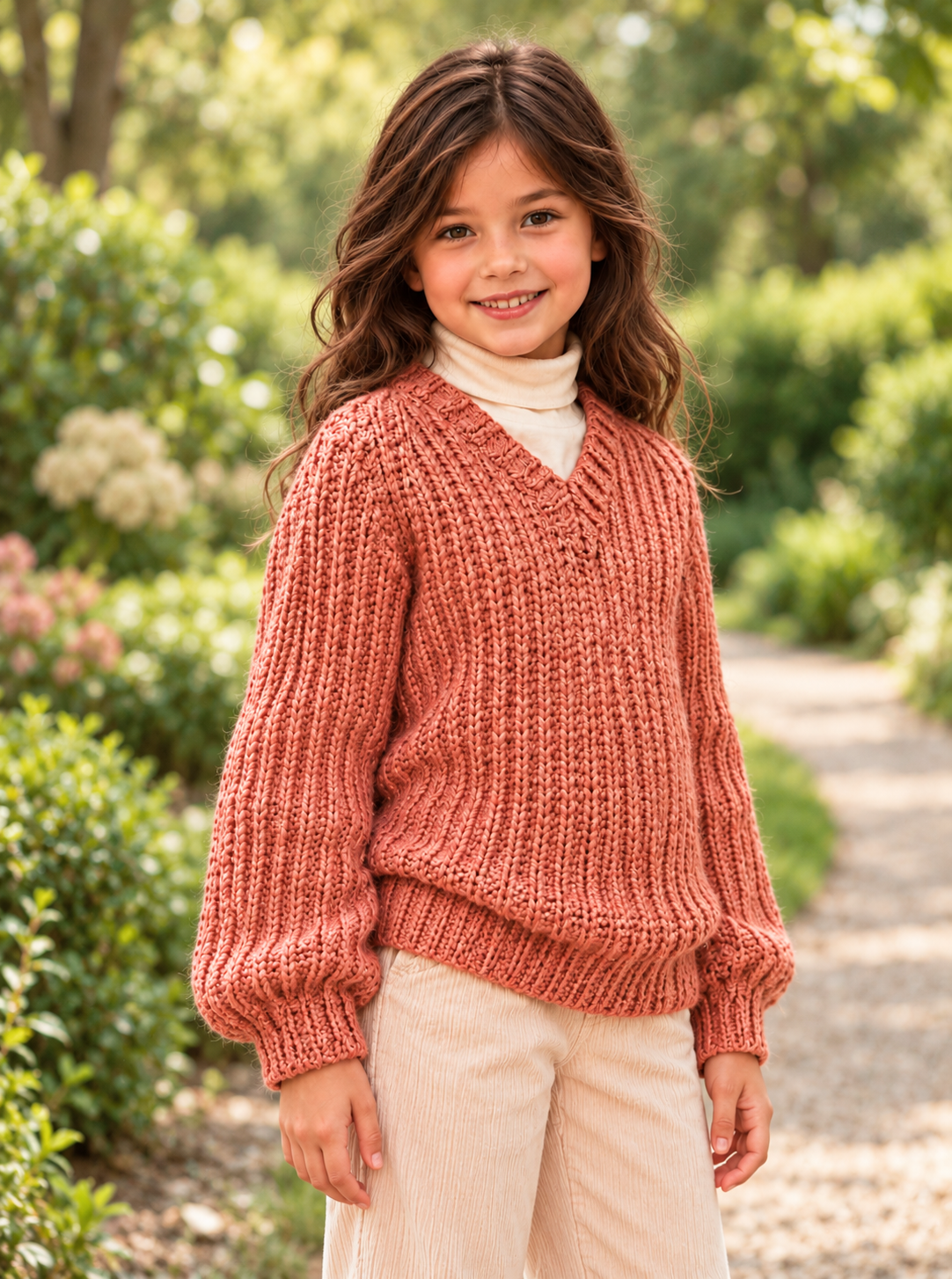Girls V Neck Jumper Knitting Pattern PDF, Textured Raglan Sweater, Chest 24–32 Inches,