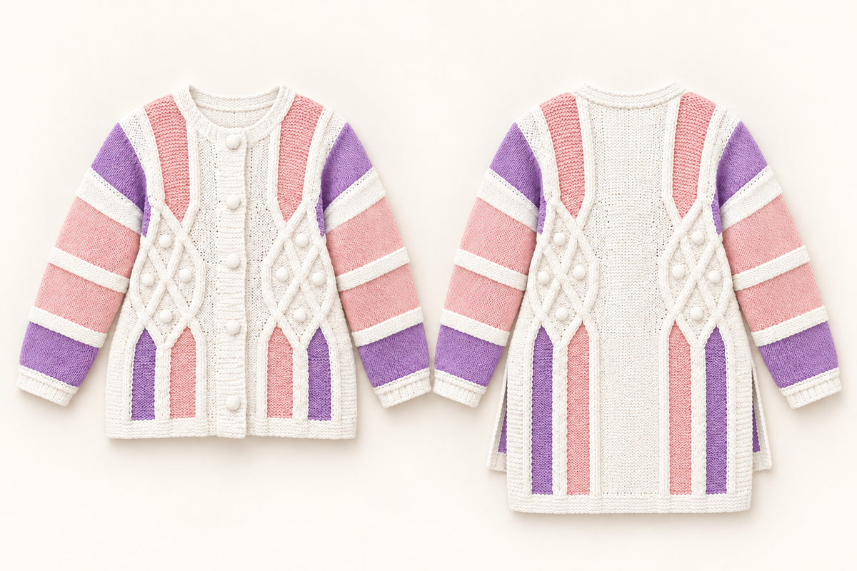 Knit a colourful children’s cardigan with cable and bobble details, contrast diamond panels, striped sleeves and a longer back.