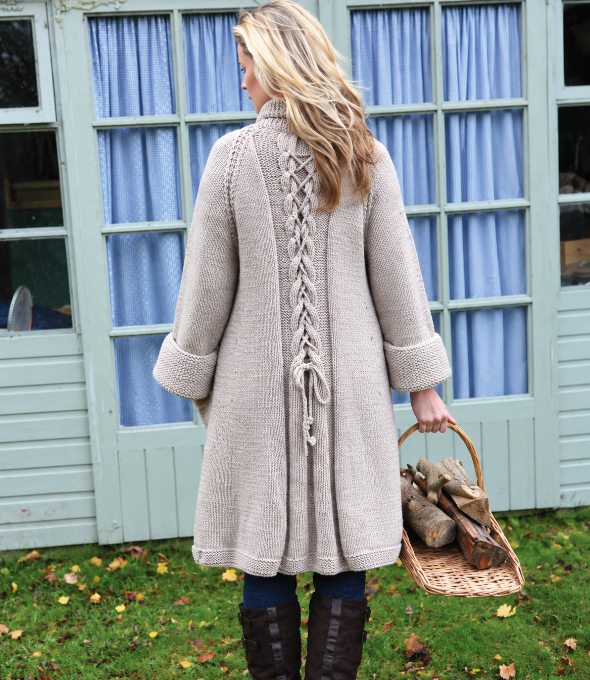Womens Chunky Raglan Coat Knitting Pattern PDF Cable Back Cardigan 32–44 in