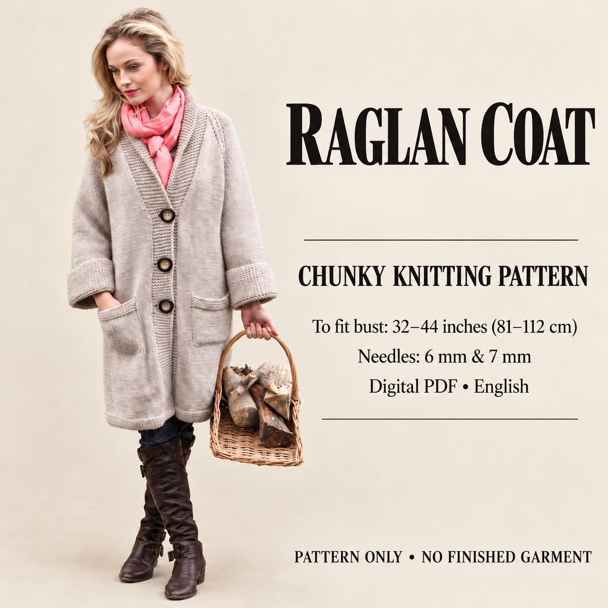 Womens Chunky Raglan Coat Knitting Pattern PDF Cable Back Cardigan 32–44 in