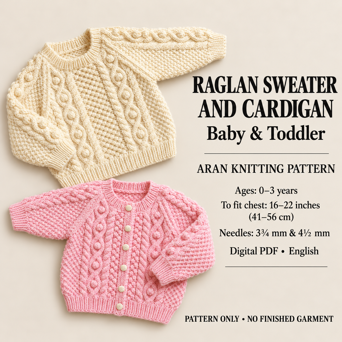 Baby Cardigan and sweater Knitting pattern Cable and bobble panels with double moss stitch