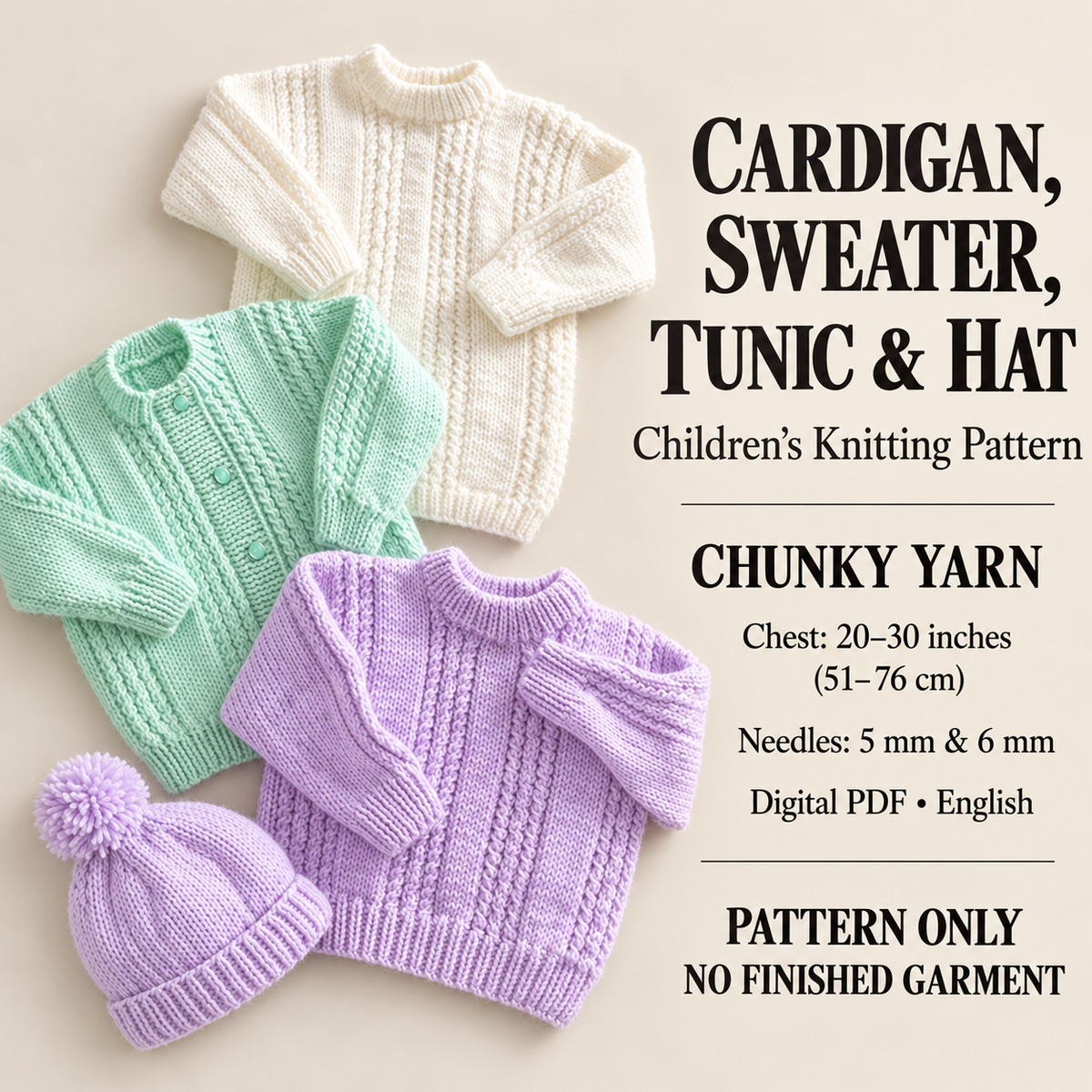 Baby Children’s cardigan, sweater, tunic and matching pompom hat knitting pattern