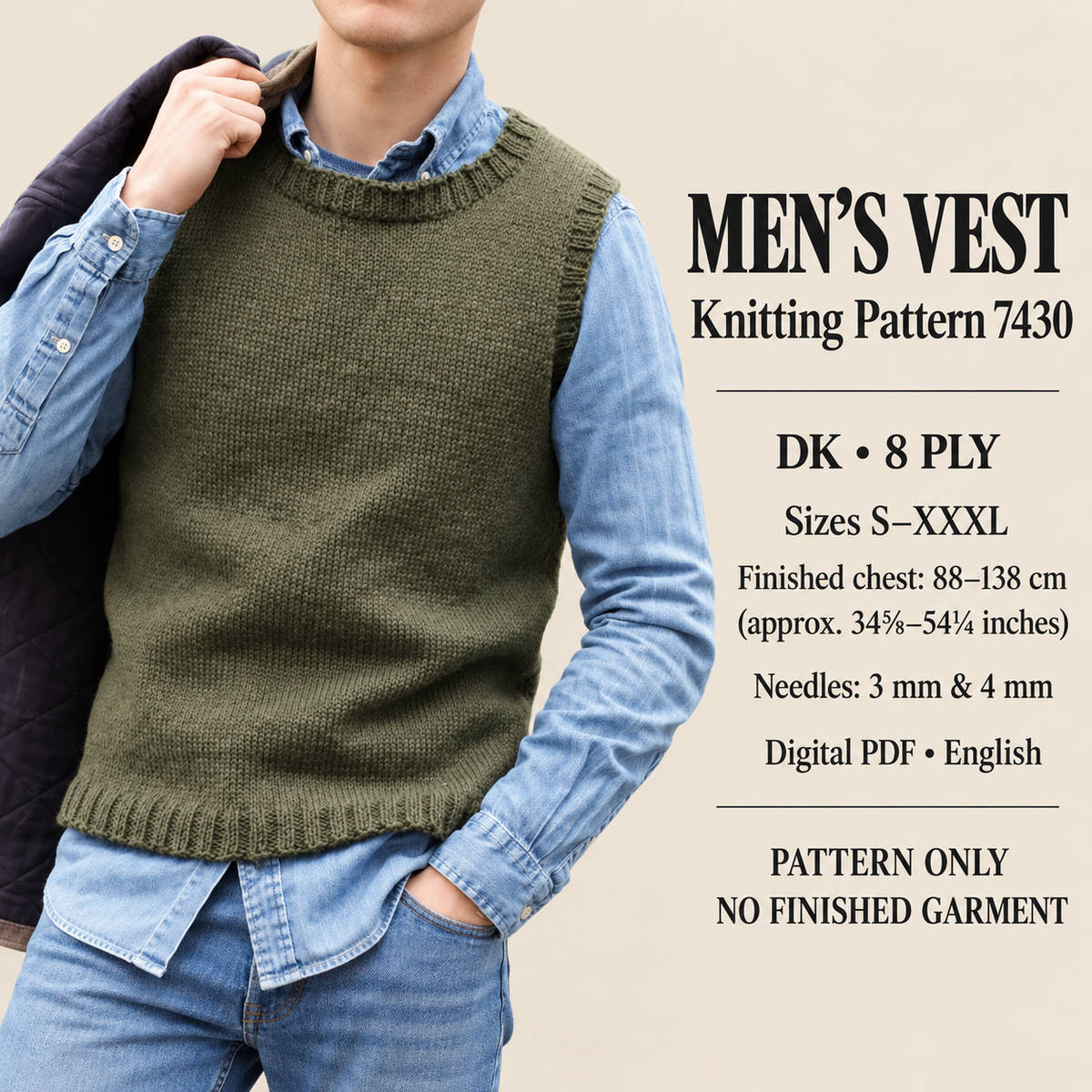 Mans round neck  Slipover 34"-54" in DK 8 PLY Wool Knitting Pattern PDF instant download sweater vest Tank top sleeveless jumper