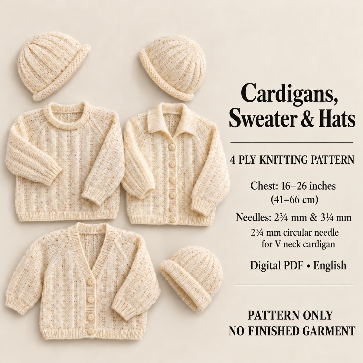 Baby Cardigan & Sweater Knitting Pattern DK Chest sizes: 16, 18, 20, 22, 24 and 26 inches (41, 46, 51, 56, 61 and 66 cm)