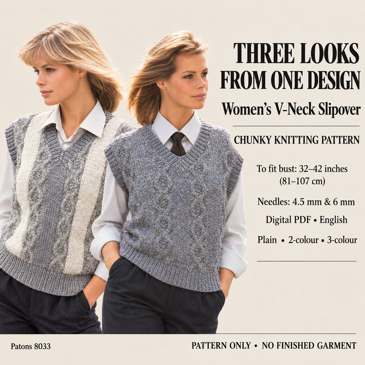 womans  V Neck Top - Cable design front Cap Sleeves Jumper Slipover 32"-40" Chunky Wool Knitting Pattern PDF instant download sweater vest