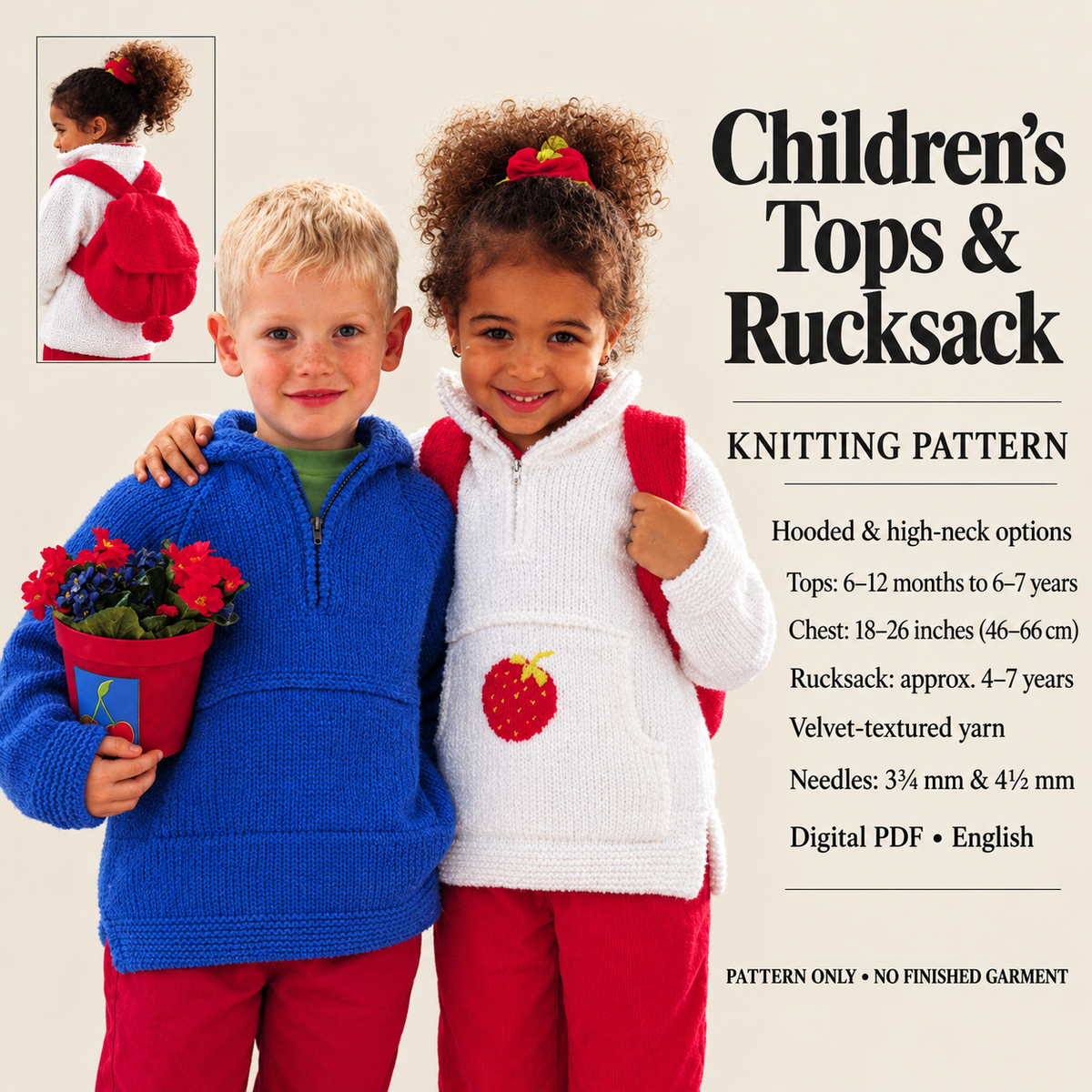 Childrens Chenille Raglan sweater - collar & Hooded sweater- Large front pocket and rucksack 18-26 Knitting Pattern PDF Download (6m - 7yrs)