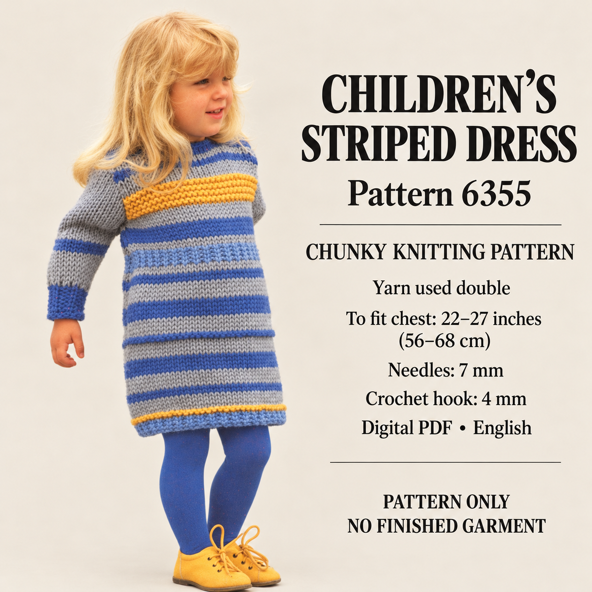 Baby Girl-Toddler Vintage Chunky Long sleeved dress Easy Quick Knit 22-27" - Chunky Bulky 12 ply wool needed -Knitting pattern  Download PDF