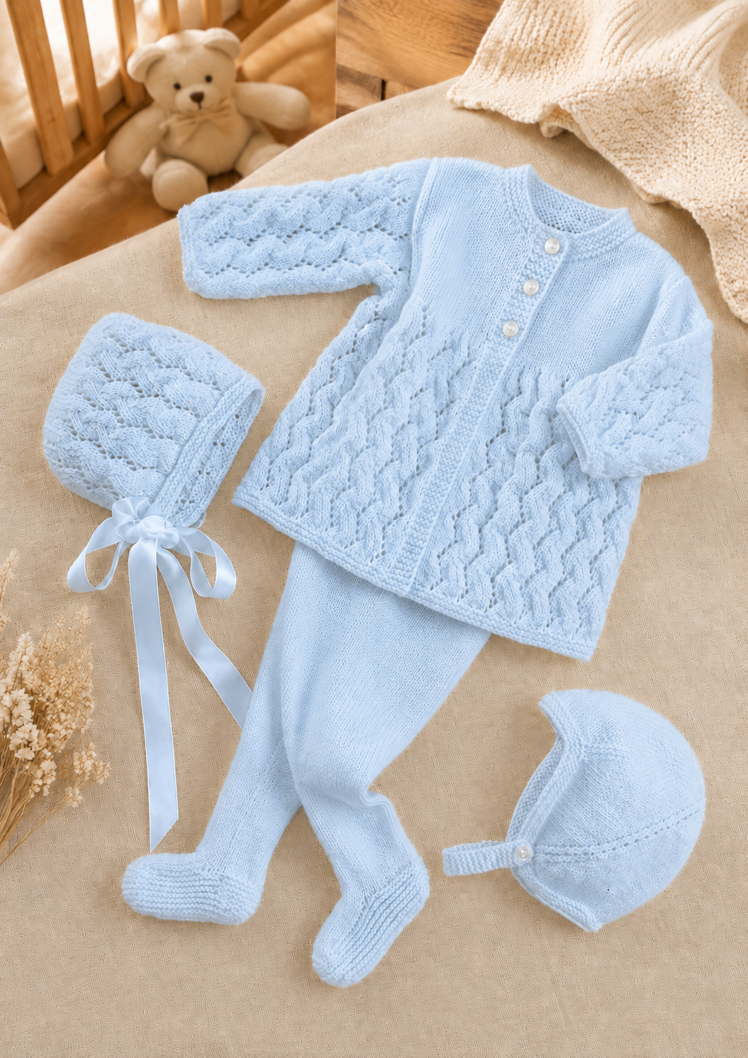 Baby Boy- Girl- Pram set-Jacket, leggings, hats, mitts - DK Fits 18-20 chest- Knitting pattern