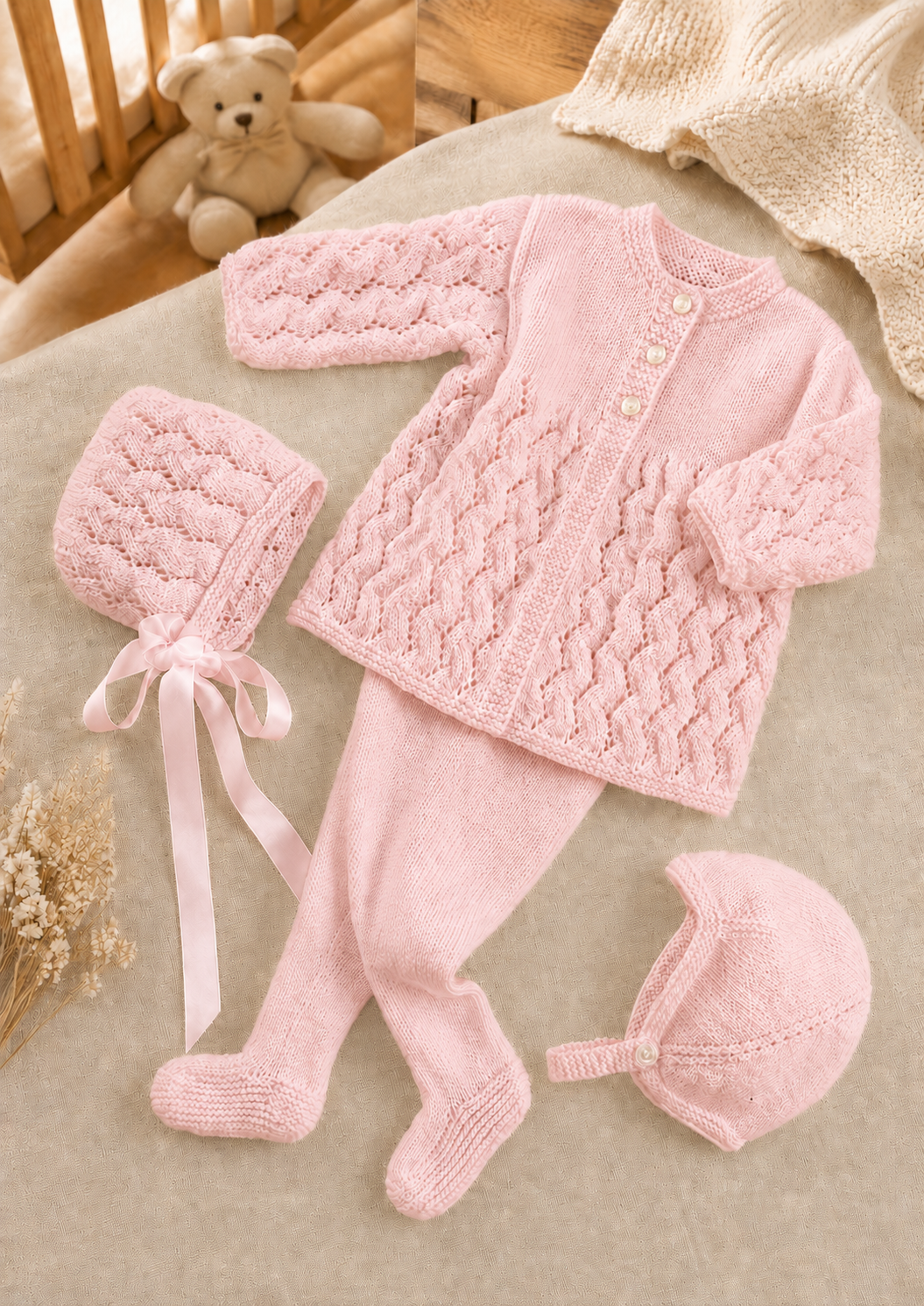 Baby Boy- Girl- Pram set-Jacket, leggings, hats, mitts - DK Fits 18-20 chest- Knitting pattern