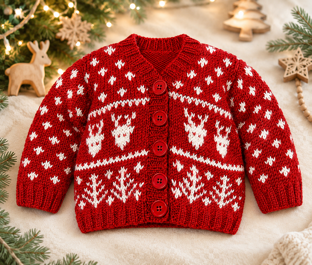 Christmas Baby- Reindeer Snowflake Cardigan- V neck drop sleeves  DK 8 PLY Light worsted knitting pattern   Fits Birth- 6 Years