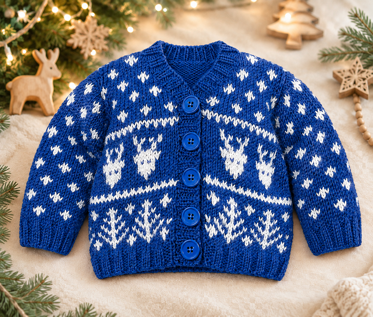 Christmas Baby- Reindeer Snowflake Cardigan- V neck drop sleeves  DK 8 PLY Light worsted knitting pattern   Fits Birth- 6 Years