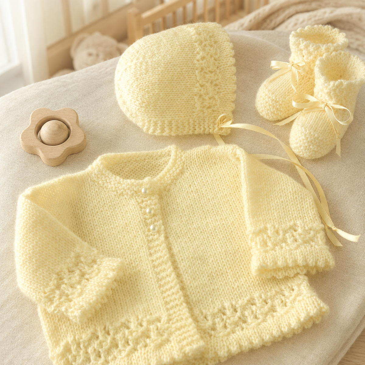Girl's Lace Border picot hem Cardigan- Bonnet & Bootees in DK- (8PLY) light worsted yarn- Fits Newborn 18"