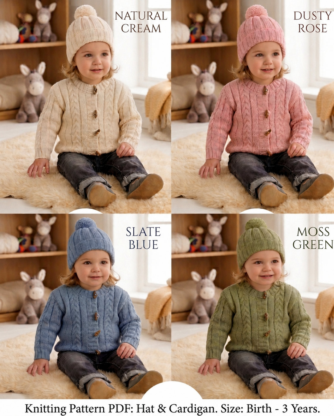 Baby Cable Knit Cardigan, Hat & Hooded Jacket Pattern (PDF Download) Premature -22"