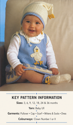 Baby Girl Knitted Chicken Dress -Sweater Cap Scarf Mitts & Socks 4ply Fingering wool or 4ply -3- 36 months  Knitting pattern PDF download