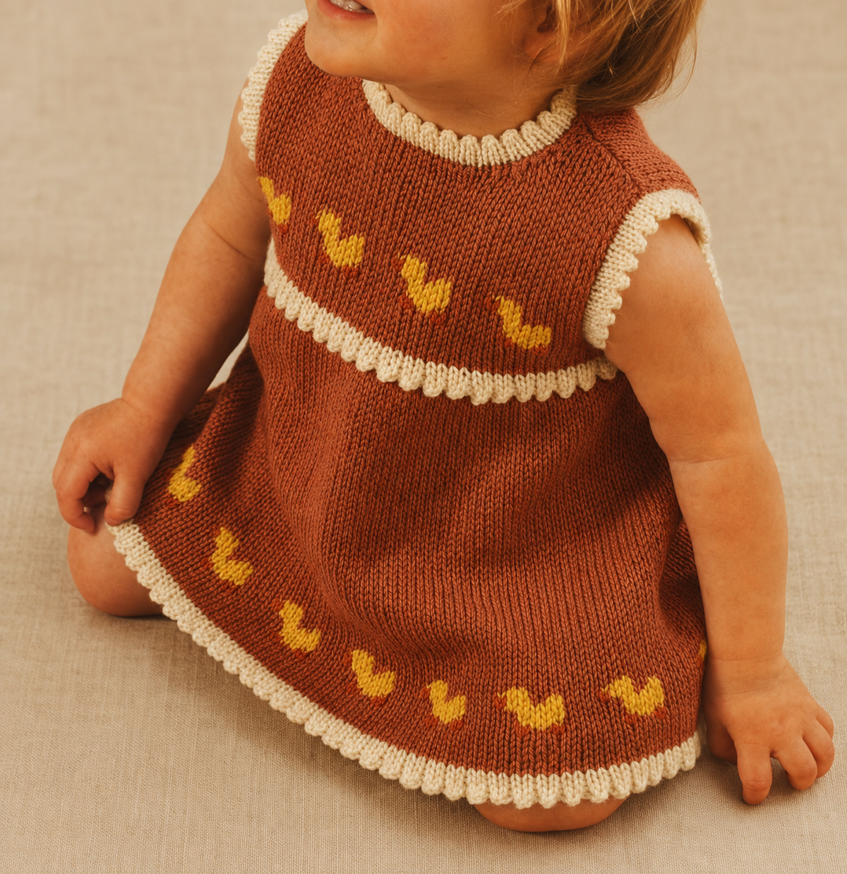 Baby Girl- Sleeveless Picot &  Embroidered Ducks yoke dress  in 8ply DK Yarn Fits from 19-21"