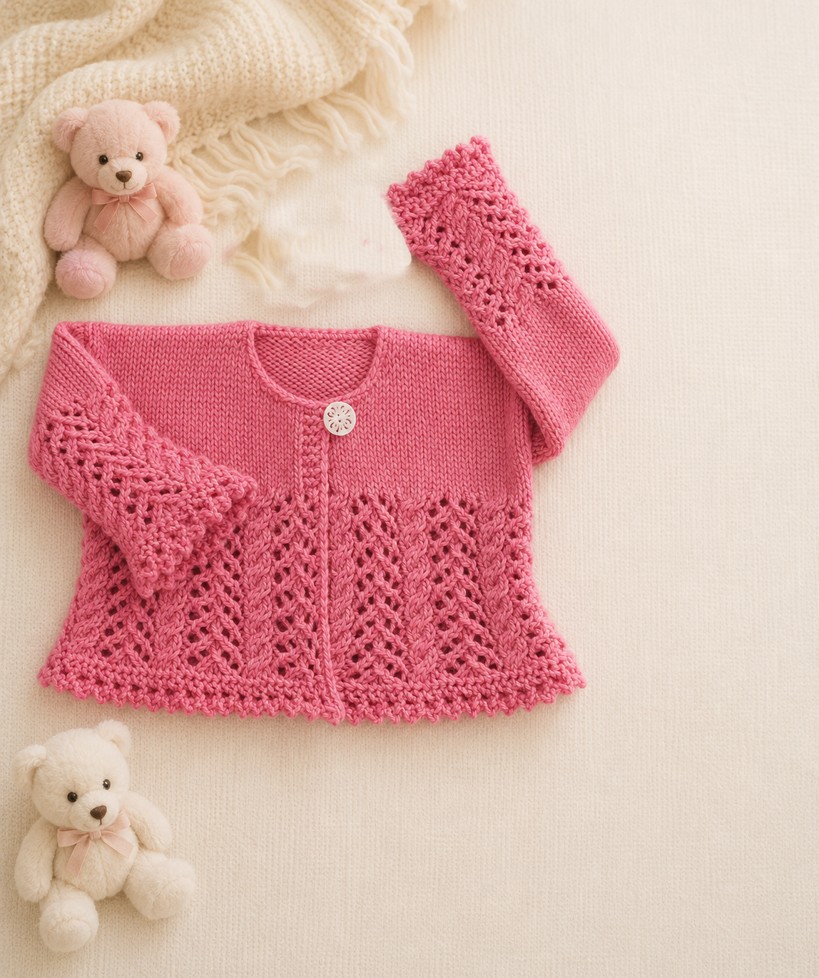 Girl's Baby Jacket Cardigan- picot edges lace pattern  Sport - 5 ply Ply- 20" - 24" ( 3-12 months)-- Knitting Pattern Download PDF